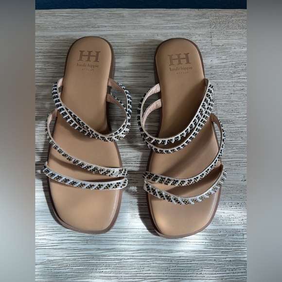 Haute Hippie Shoes - Haute Hippie Strappy Sandals with Beaded Design - Black and White